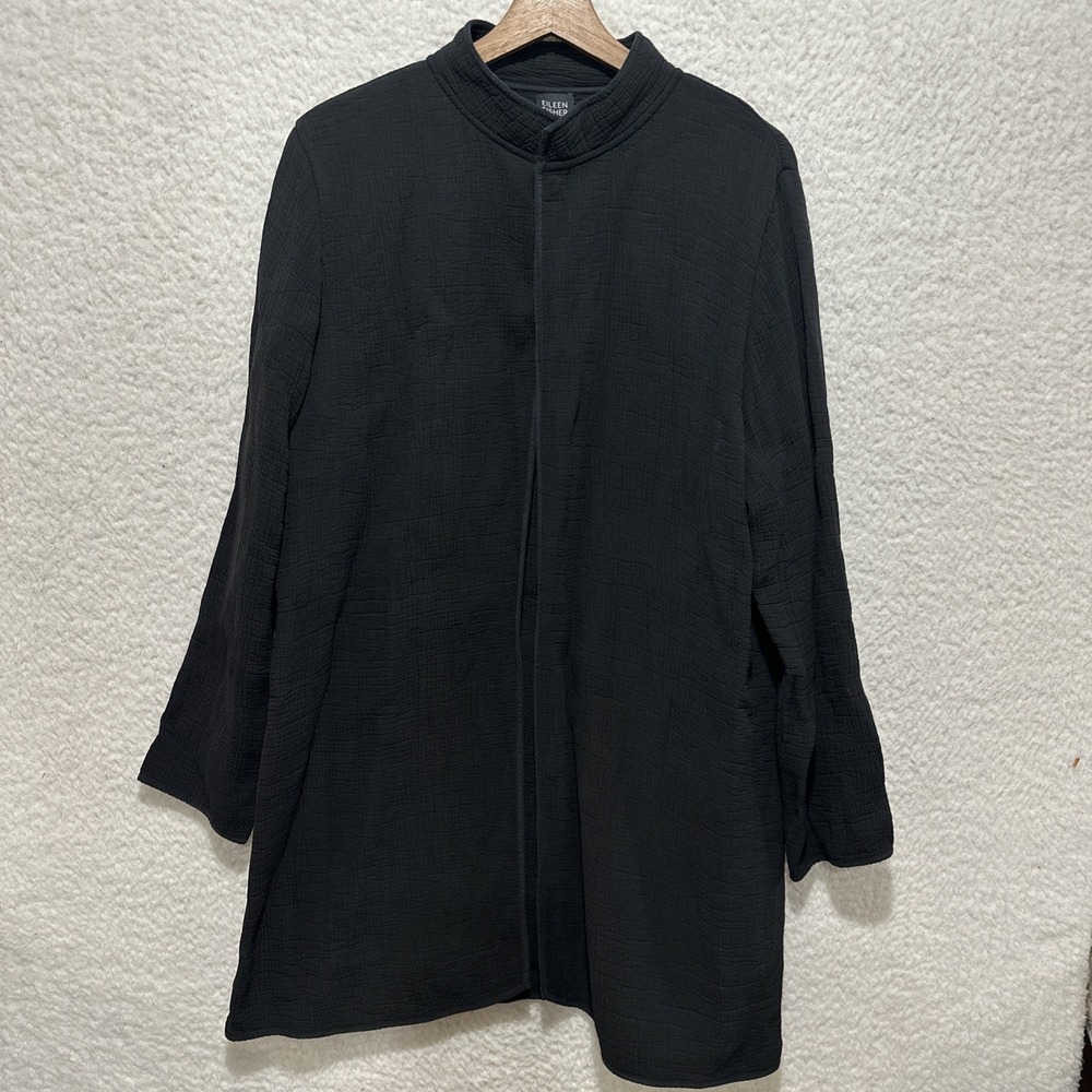 EILEEN FISHER Mandarin Collar Crinkle Cardigan Jacket Rayon Silk Blend Size L